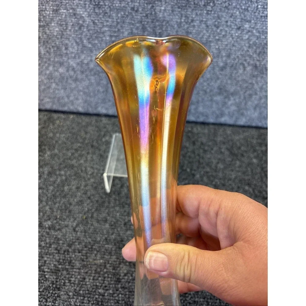 Vtg~Carnival Glass Paneled~Clear-to-Marigold~Stretch Glass Vase~9
